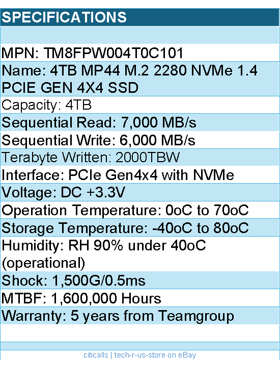 TEAMGROUP TM8FPW004T0C101 SSD - 4TB MP44 M.2 2280 NVMe 1.4 PCIE GEN 4X4 Retail