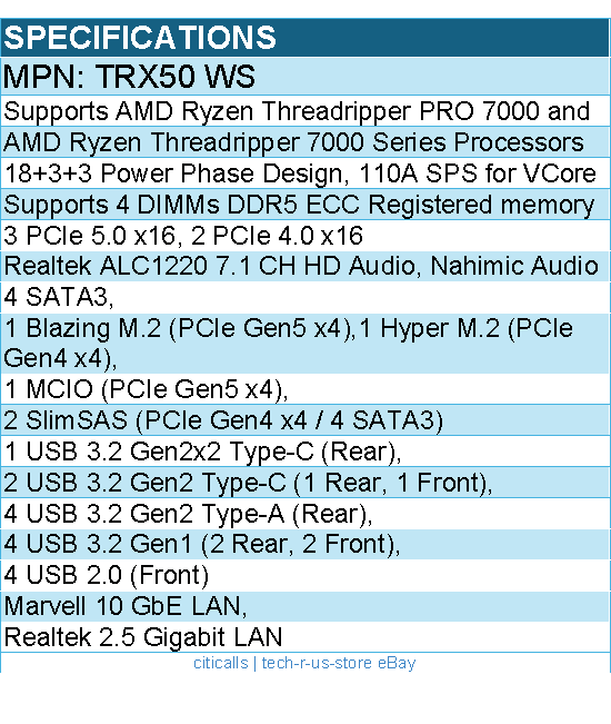ASRocK TRX50 WS Motherboard - AMD TRX50 Socket sTR5 Max1TB DDR5 PCIe EATX Retail