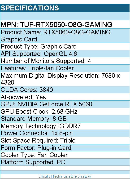 ASUS TUF-RTX5060-O8G-GAMING TUF NVIDIA GeForce 5060 Graphic Card - 8 GB GDDR7