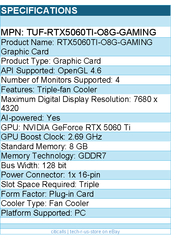 ASUS TUF-RTX5060TI-O8G-GAMING TUF NVIDIA GeForce 5060 Ti Graphic Card - 8 GB