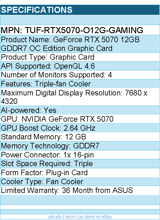 ASUS TUF-RTX5070-O12G-GAMING TUF NVIDIA GeForce RTX 5070 Graphic Card - 12 GB