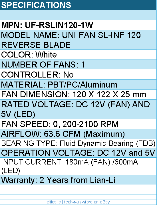 Lian-Li UF-RSLIN120-1B Case Fan - SL120 Reverse Blade 120mm Black Retail