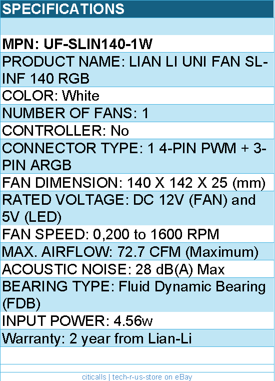 Lian-Li UF-SLIN140-1W Case Fan - 140x142x25 Fluid Dynamic Bearing Fan White