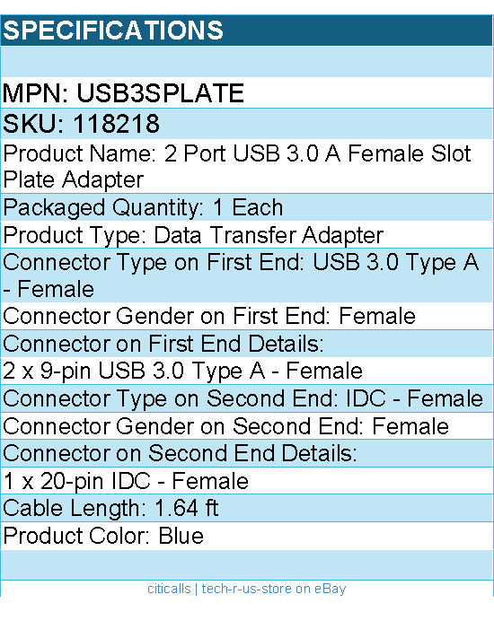 StarTech USB3SPLATE 2Port USB 3.0 A Female Slot Plate Adapter Retail