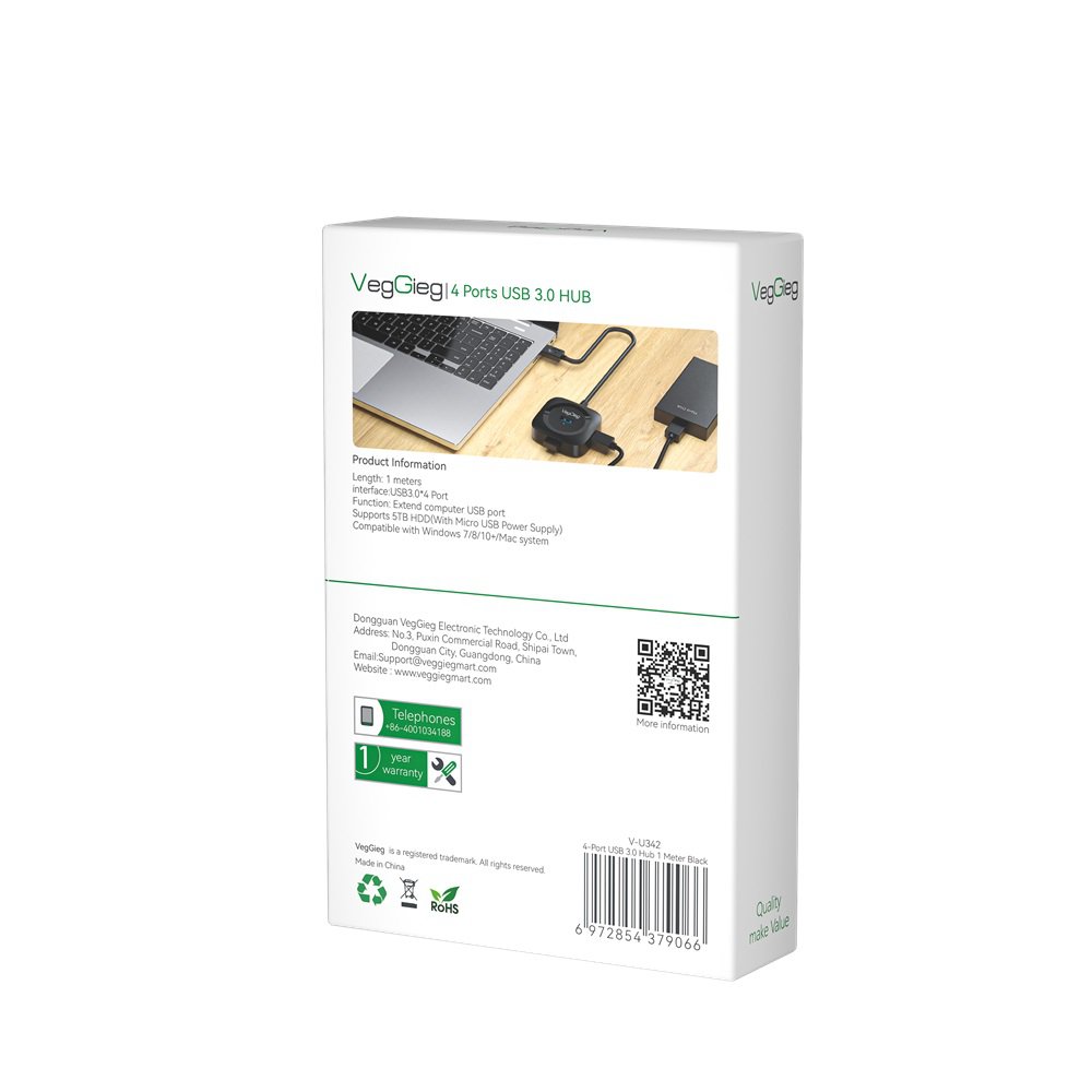 VegGieg V-U342 3.3FT/1M USB 3.0 Hub for Laptop, Multi Port Expander, Fast Data T