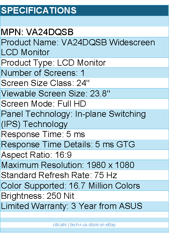 ASUS VA24DQSB 24" Class Full HD LCD Monitor - 16:9 - LED Backlight - 1980 x 1080