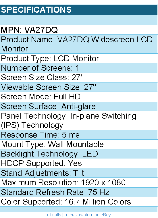 ASUS VA27DQ 27" Class Full HD LCD Monitor - 16:9 - 1920 x 1080