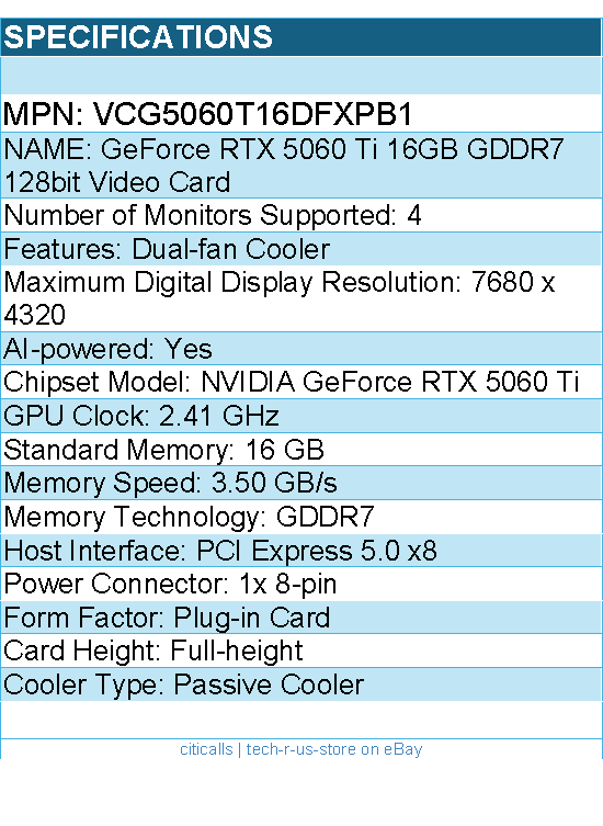 PNY VCG5060T16DFXPB1 Video Card - GeForce RTX 5060 Ti 16GB 16GB GDDR7 128bit