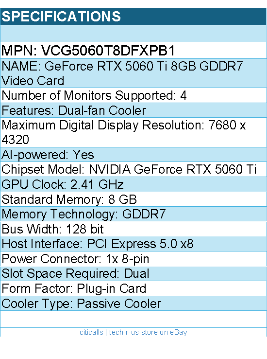 PNY VCG5060T8DFXPB1 Video Card - GeForce RTX 5060 Ti 8GB GDDR7 128bit Retail