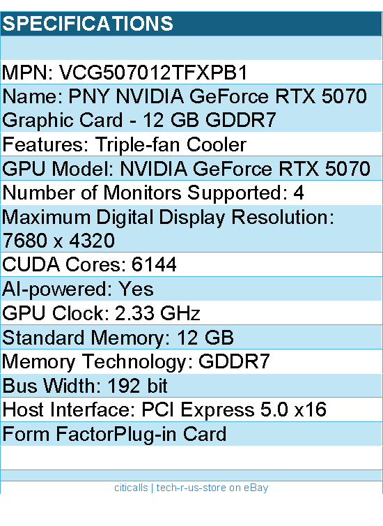 PNY VCG507012TFXPB1 Graphics Card - GeForce RTX 5070 Triple Fan GPU 12GB GDDR7
