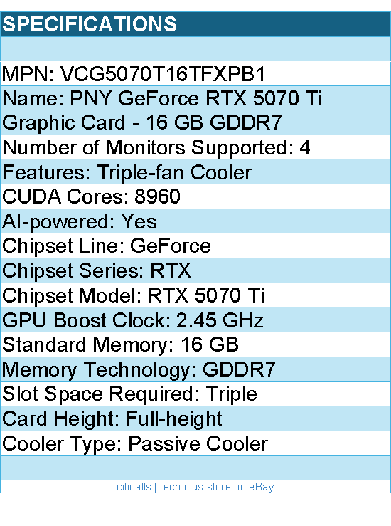PNY VCG5070T16TFXPB1 Graphics Card - GeForce RTX 5070 Ti Triple Fan 16GB GDDR7