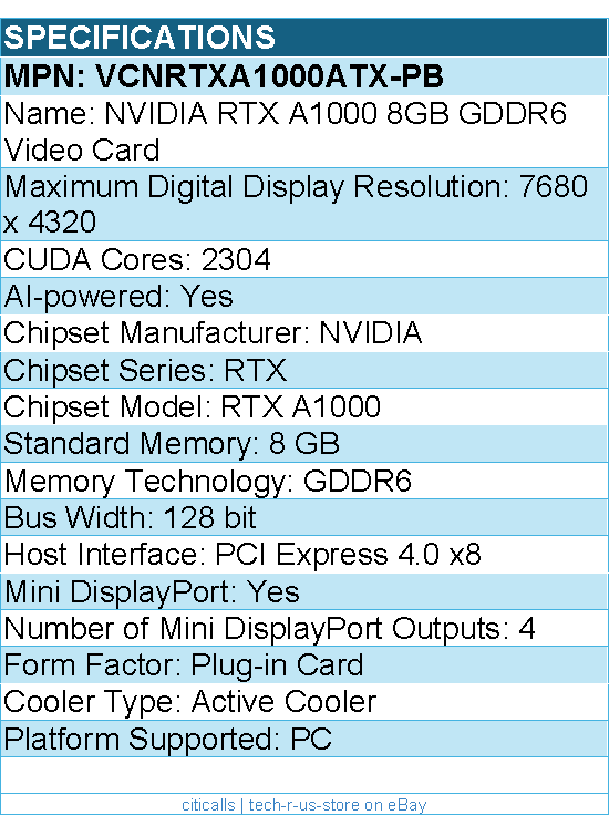 PNY VCNRTXA1000ATX-PB Video Card - NVIDIA RTX A1000 8GB GDDR6 Retail