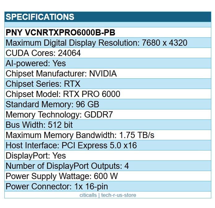 PNY VCNRTXPRO6000B-PB NVidia RTX PRO 6000 96GB GPU GDDR7 7680x4320 4xDisplayPort
