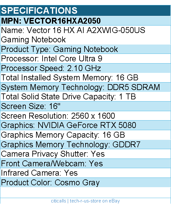 MSI VECTOR16HXA2050 Vector 16 HX AI A2XWIG-050US 16" Gaming Notebook