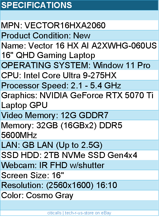 MSI VECTOR16HXA2060 Vector 16 HX AI A2XWHG-060US 16" QHD Gaming Laptop