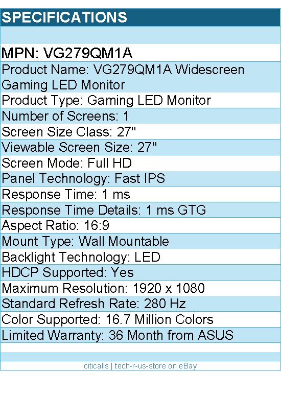 ASUS VG279QM1A  TUF 27" Class Full HD Gaming LED Monitor - 16:9 - 1920 x 1080