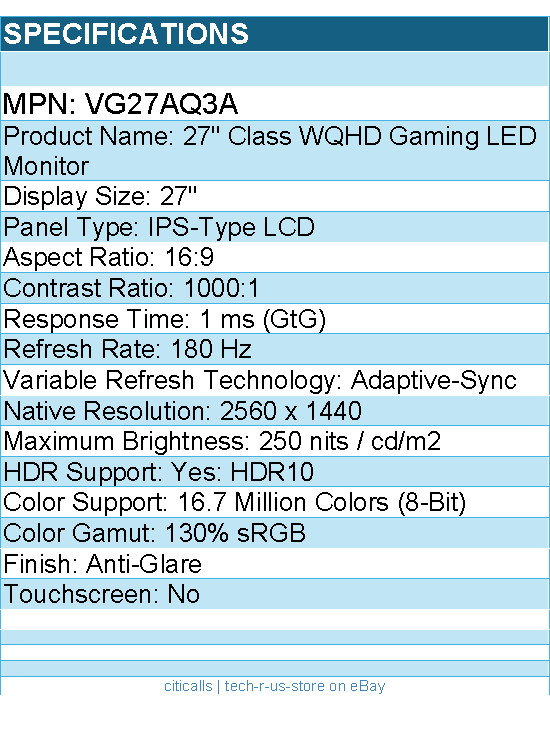 ASUS VG27AQ3A TUF 27" Class WQHD Gaming LED Monitor - 16:9 - Black