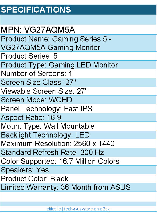 ASUS VG27AQM5A TUF 27" Class WQHD Gaming LED Monitor - 16:9 - Black