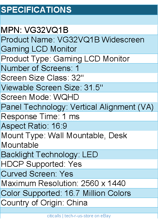 ASUS VG32VQ1B TUF 32" Class WQHD Curved Screen Gaming LCD Monitor - 16:9 - Black
