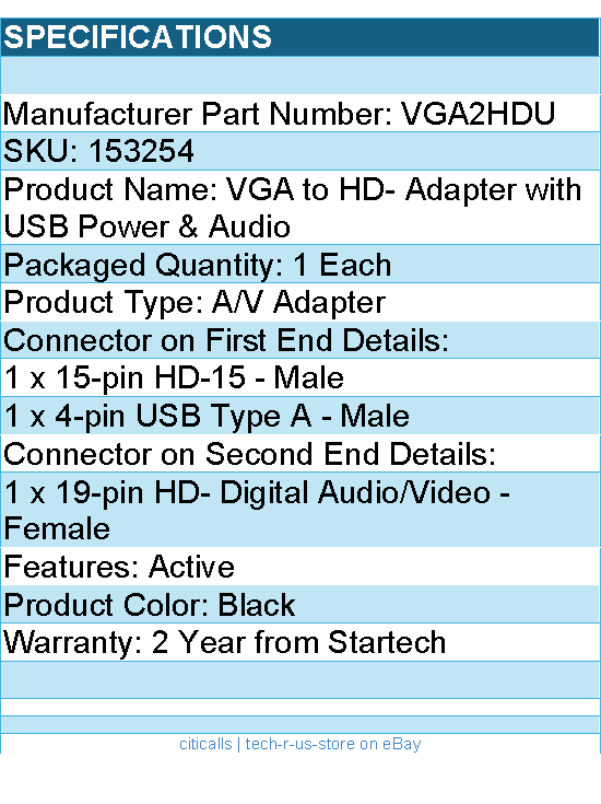 StarTech VGA2HDU VGA to Video Adapter w USB Power & Audio 1080p RTL