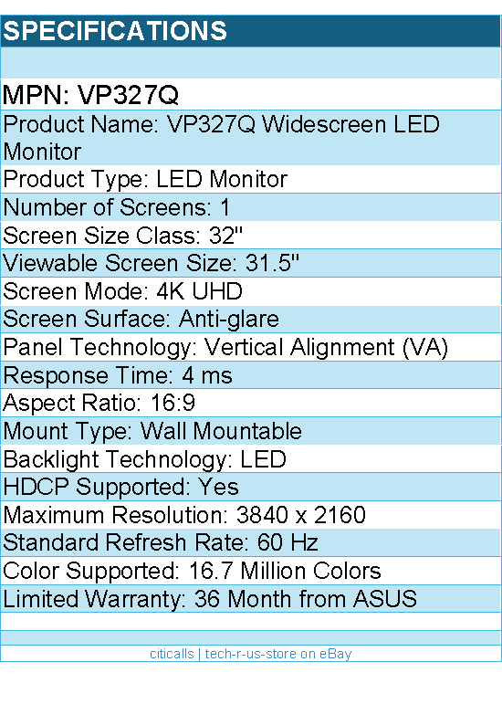 ASUS VP327Q 32" Class 4K UHD LED Monitor - 16:9 - LED Backlight - 3840 x 2160