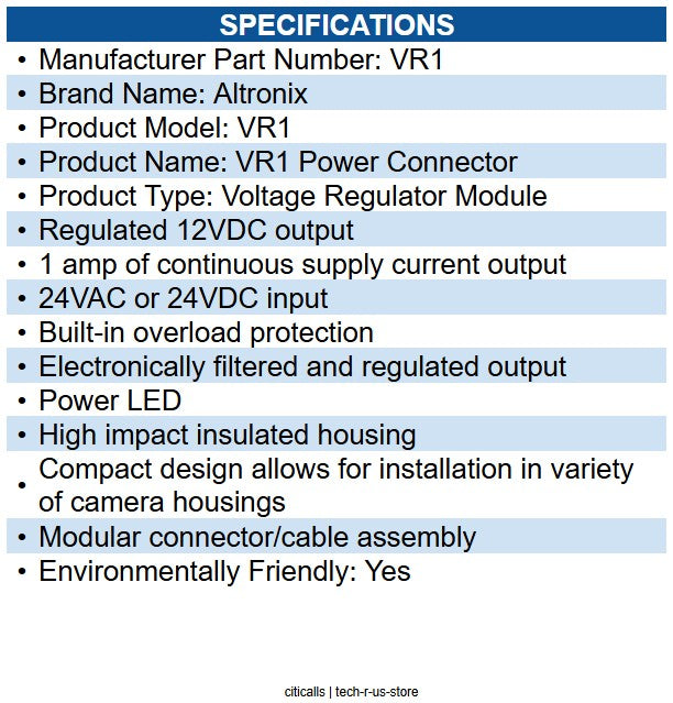Altronix VR1 Voltage Regulator, Converts 24VAC/VDC to 12VDC @ 1A.