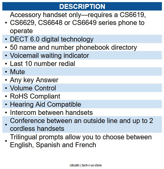 Vtech VT-CS6609 Accessory Handset for CS65xx/66xx series