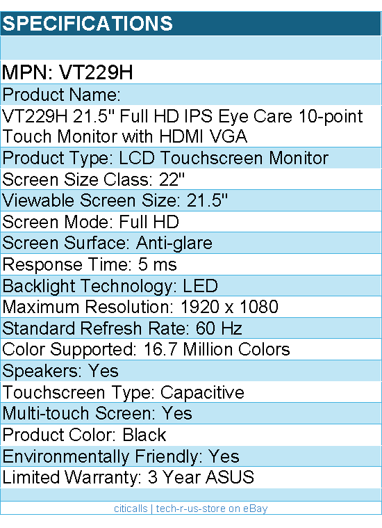 ASUS VT229H 22" Class LCD Touchscreen Monitor - 16:9 - 5 ms - Full HD