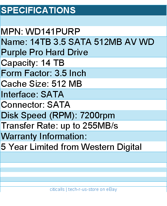 Western Digital WD141PURP Hard Drive - 14TB 3.5 SATA 512MB AV WD Purple Pro