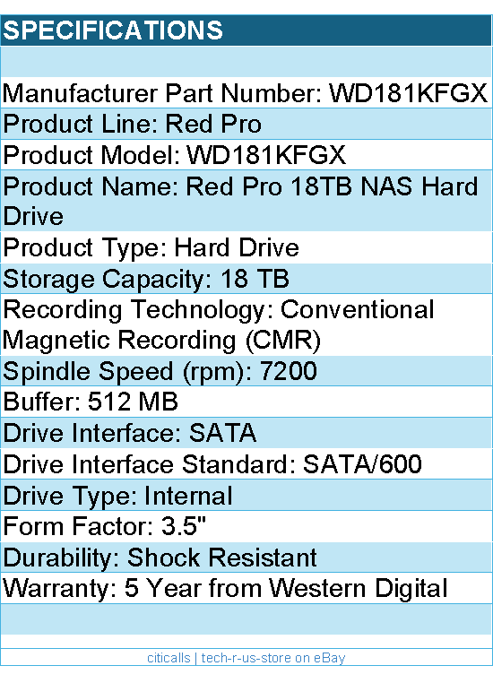 Western Digital WD181KFGX Hard Drive -18TB 3.5 7200rpm SATA 6Gb/s Red Pro