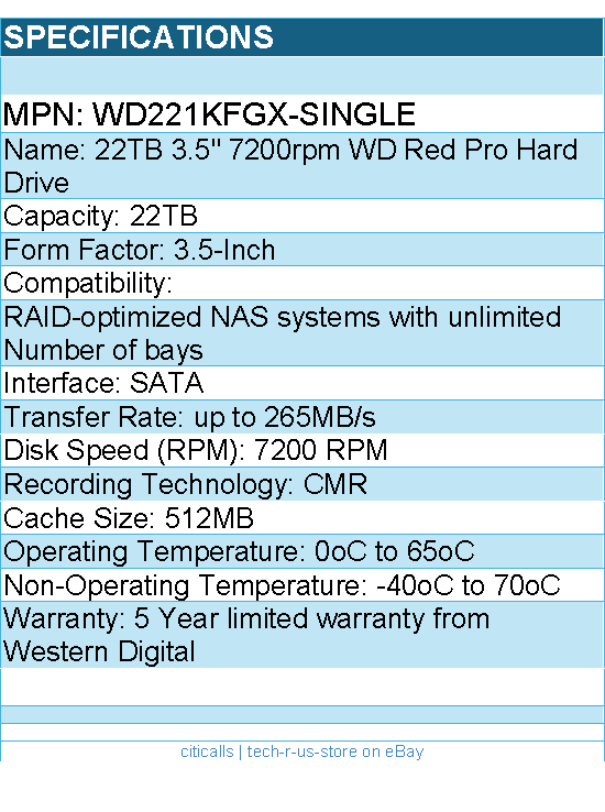 Western Digital WD221KFGX-Single Hard Drive - 22TB 3.5 7200rpm WD Red Pro