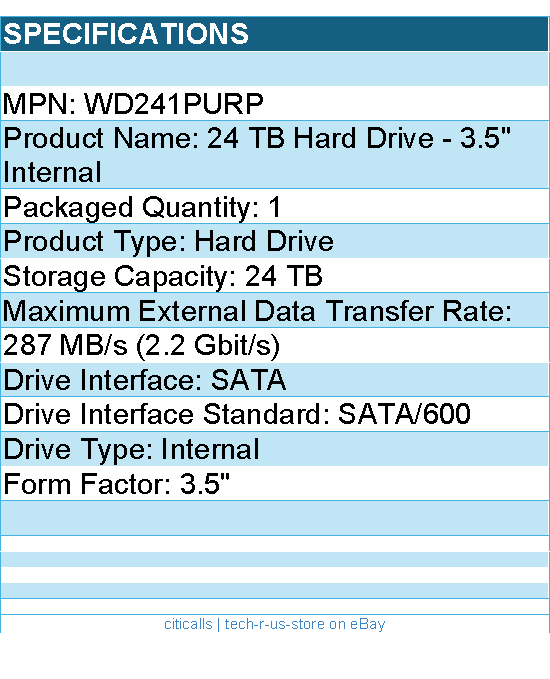 Western Digital WD241PURP Hard Drive - 24TB 3.5 WD Purple Pro SATA 7200RPM 512MB