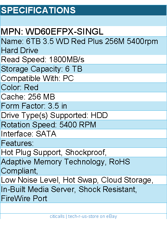 Western Digital WD60EFPX-SINGL Hard Drive - 6TB 3.5 WD Red Plus 256M 5400rpm