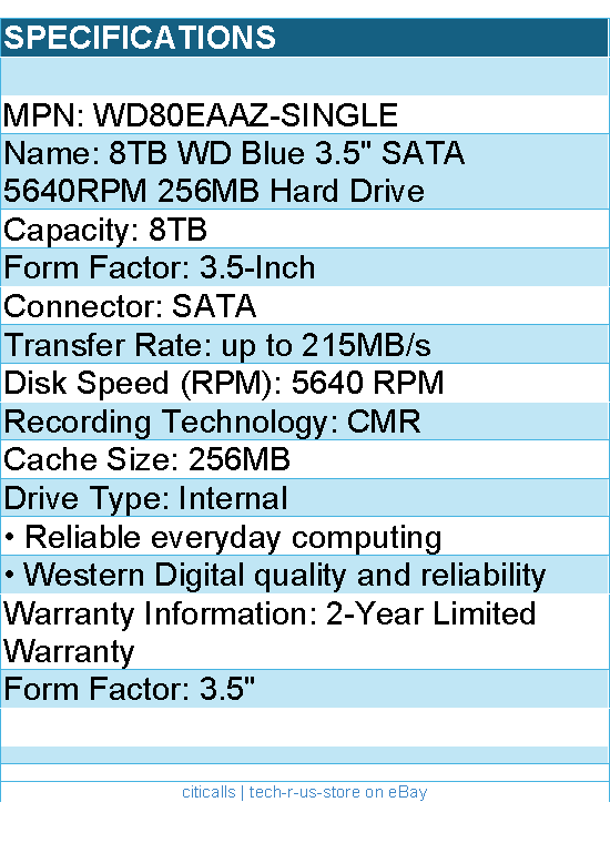 Western Digital WD80EAAZ-Single Hard Drive - 8TB WD Blue 3.5 SATA 5640RPM