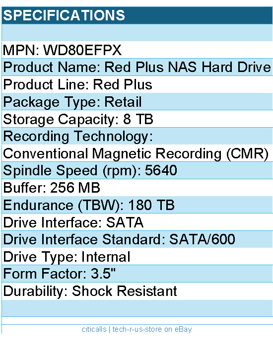 Western Digital WD80EFPX Hard Drive - 8TB 3.5 SATA WD Red Plus NAS HDD 256MB