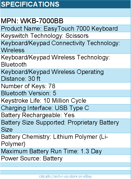 Adesso WKB-7000BB EasyTouch 7000 Multi OS Bluetooth Scissor Switch Keyboard