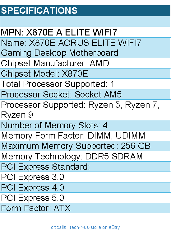 Gigabyte X870E A ELITE WIFI7 Motherboard -AMD X870E AM5 Max256GB DDR5 ATX Retail