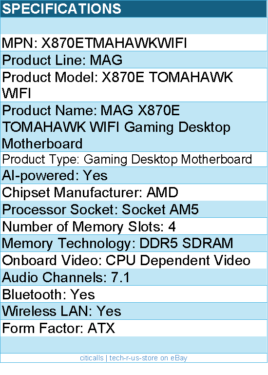 MSI X870ETMAHAWKWIFI MAG X870E TOMAHAWK WIFI Gaming Desktop Motherboard