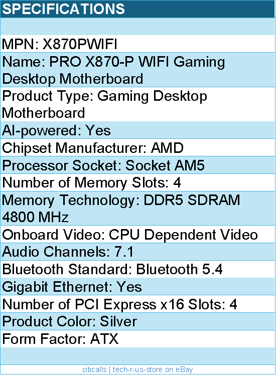 MSI X870PWIFI Motherboard - PRO X870-P WIFI AM5 Max256GB DDR5 ATX Retail