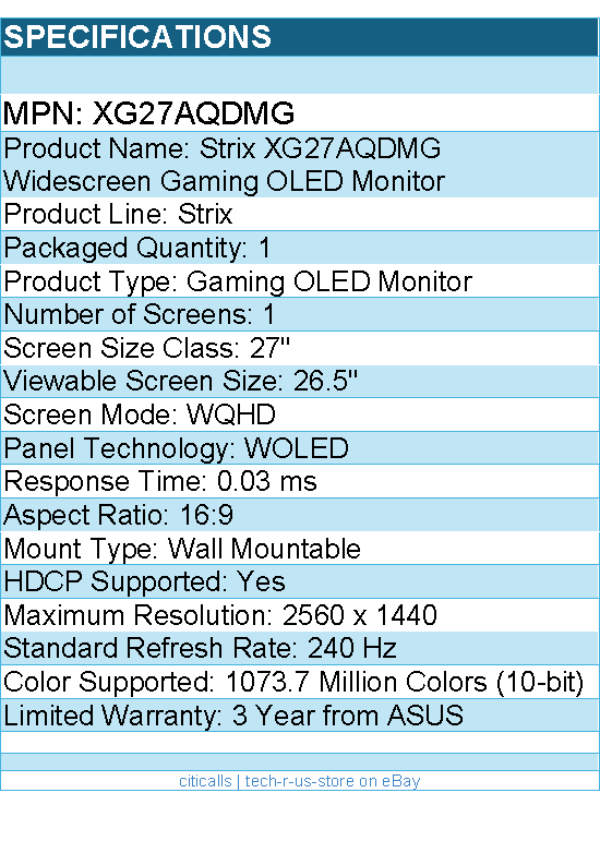 ASUS XG27AQDMG ROG Strix 27" Class WQHD Gaming OLED Monitor - 16:9 - Black