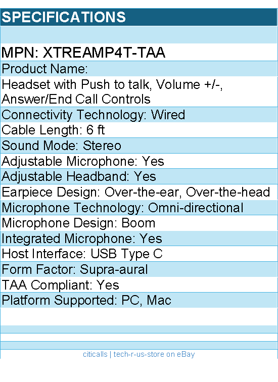 Adesso XTREAMP4T-TAA Headset with Push to talk - Stereo - USB Type C - Wired
