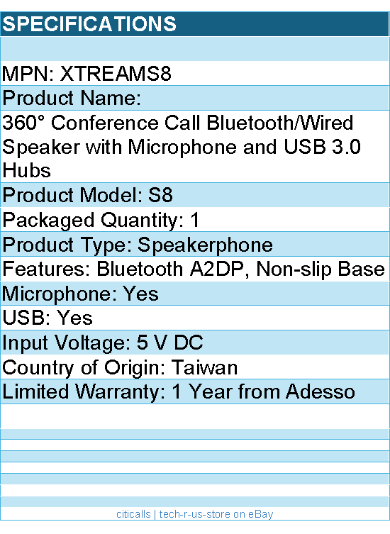 Adesso XTREAMS8 360° Conference Call Bluetooth/Wired Speaker with Microphone