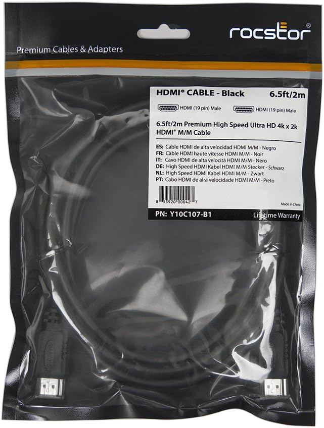 Rocstor Y10C107-B1 HDI- High Speed with Ethernet Cable 6ft Black Retail
