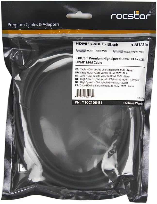 Rocstor Y10C108-B1 HDI- High Speed with Ethernet Cable 10ft Black Retail
