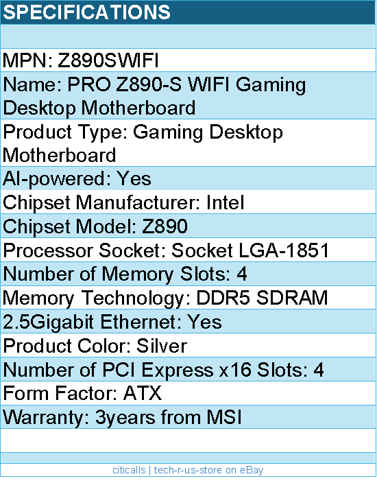 MSI Z890SWIFI PRO Z890-S WIFI ATX MOTHERBOARD -LGA 1851 for Intel Core Ultra CPU
