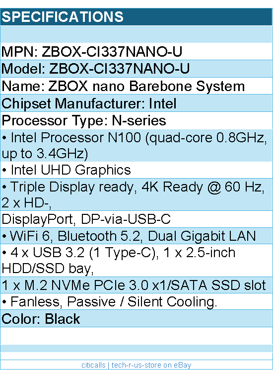 Zotac ZBOX-CI337NANO-U ZBOX nano Barebone System - Mini PC