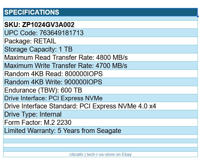 Seagate ZP1024GV3A002 FireCuda 520N 1TB SSD M.2 2230 PCIe NVMe 4.0x4 Solid State