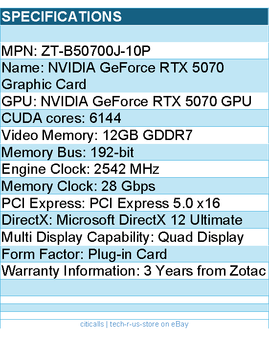 ZOTAC ZT-B50700J-10P GeForce RTX 5070 SOLID OC 12GB GDDR7 192bit Video Card