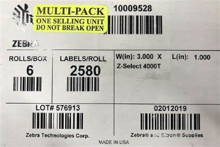Zebra 10009528 Label Paper 3" x 1" Thermal Transfer Z-Select 4000T 2580/Roll x 6