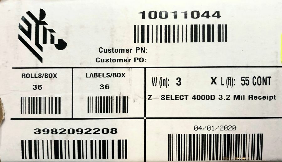 Zebra 10011044 Z-Select Direct Thermal Print Receipt WhitePaper 3"x55ft 36/Box